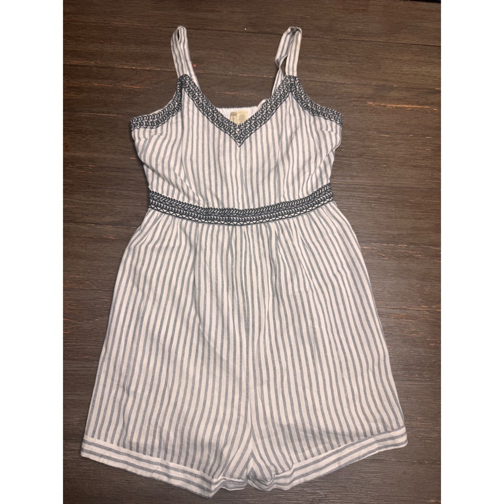 Japna Striped Embroidered Romper Blue White Smocked Back Sleeveless Medium - Picture 1 of 6
